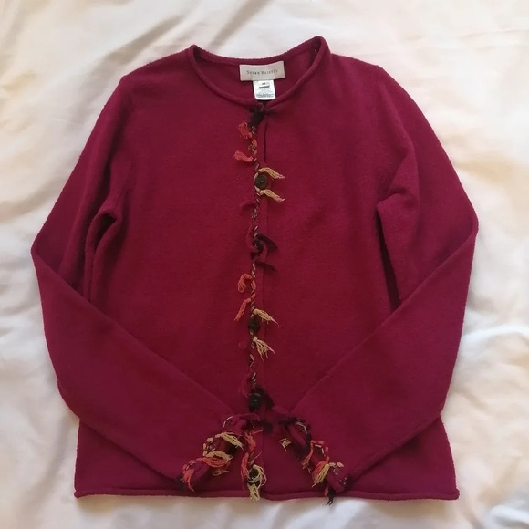 Susan Bristol Y2K Vintage Hand Embroidered Pink Button Up Fringe Cardigan Medium - Picture 7 of 12